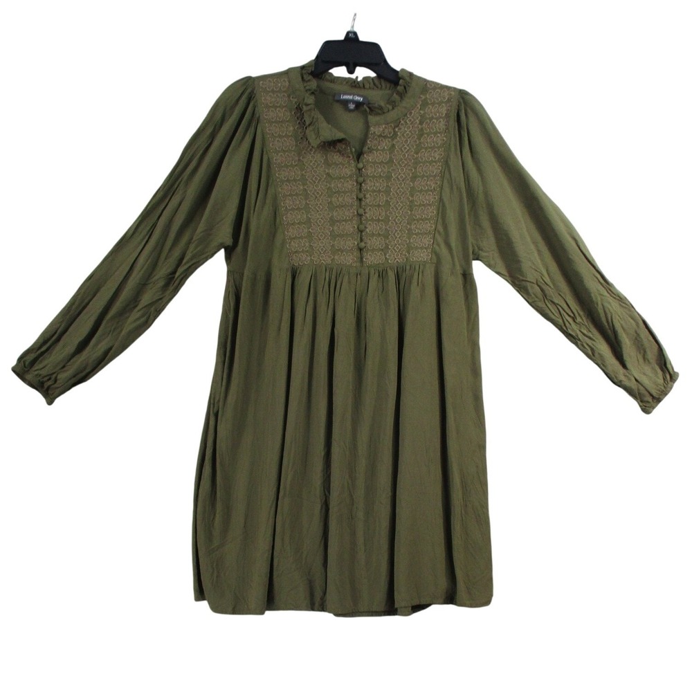 Laurel Grey Womens Olive Green Embroidered Boho Mini Dress Long Sleeve‎ Large